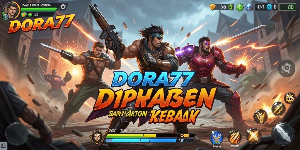 Tampilan gameplay DORA77 menunjukkan pertempuran seru antar karakter.