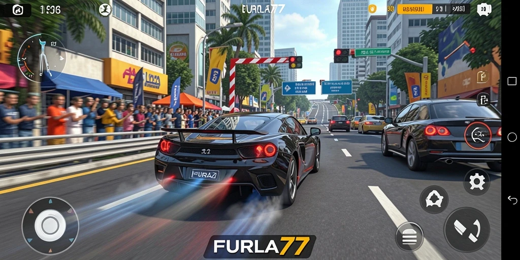 Screenshot FURLA77 menunjukkan aksi balap mobil yang mendebarkan.