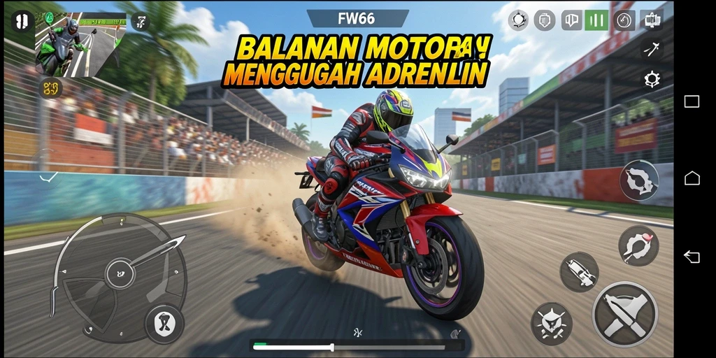 Gameplay menarik FW66 dengan balapan motor cepat.
