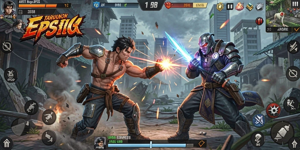 Gameplay <strong>JPS88</strong> yang menegangkan dengan karakter bertarung di arena.