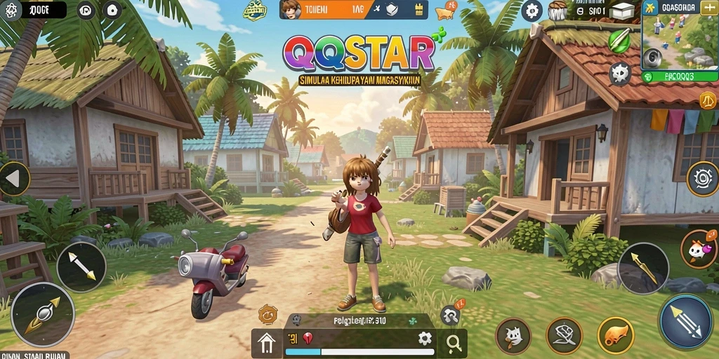 Screenshot utama QQSTAR menunjukkan karakter yang berinteraksi di lingkungan yang dinamis.