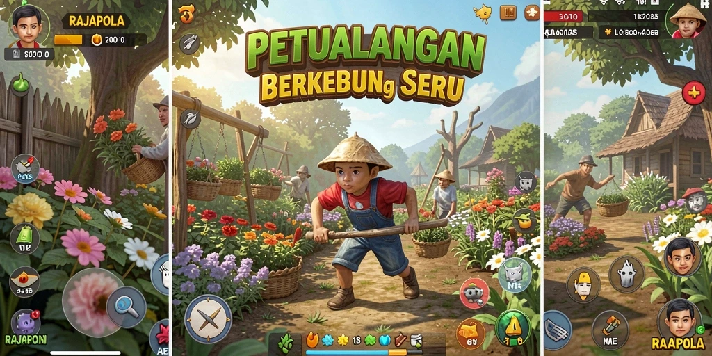 Gameplay menarik menampilkan kebun yang subur dan penuh aktivitas.