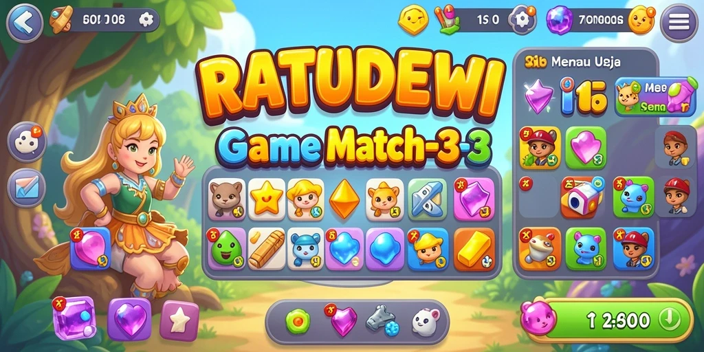 Tampilan gameplay <strong>RATUDEWI</strong> dengan berbagai permata warna-warni yang menantang.