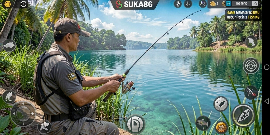 Screenshot gameplay SUKA86 menunjukkan suasana memancing yang realistis dan menggugah selera.