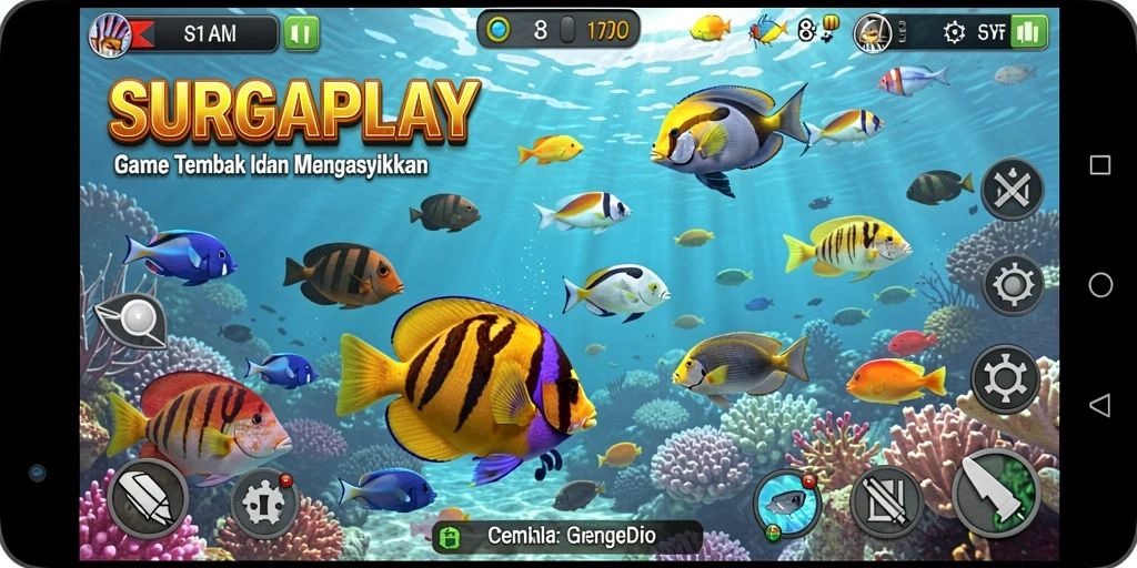 Tampilan gameplay seru dalam SURGAPLAY dengan ikan beragam.