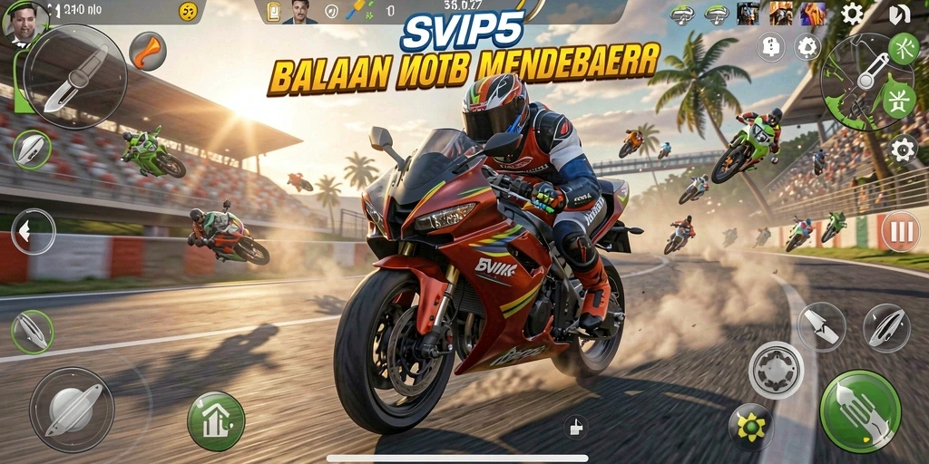 Menampilkan suasana balapan motor yang mendebarkan dan penuh aksi.