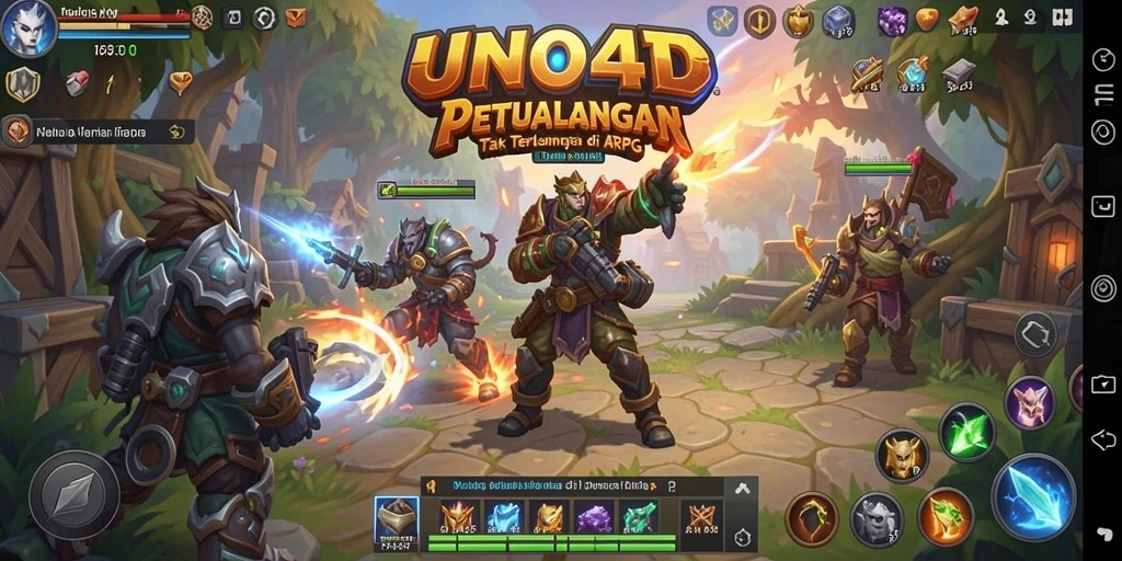 Screenshot gameplay <strong>UNO4D</strong> yang menampilkan pertarungan epik dan eksplorasi dunia fantastis.