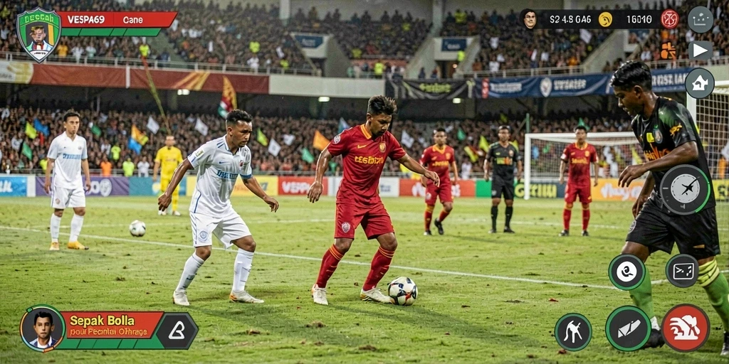 Gambar layar dari gameplay VESPA69 yang menunjukkan aksi sepak bola yang mendebarkan.